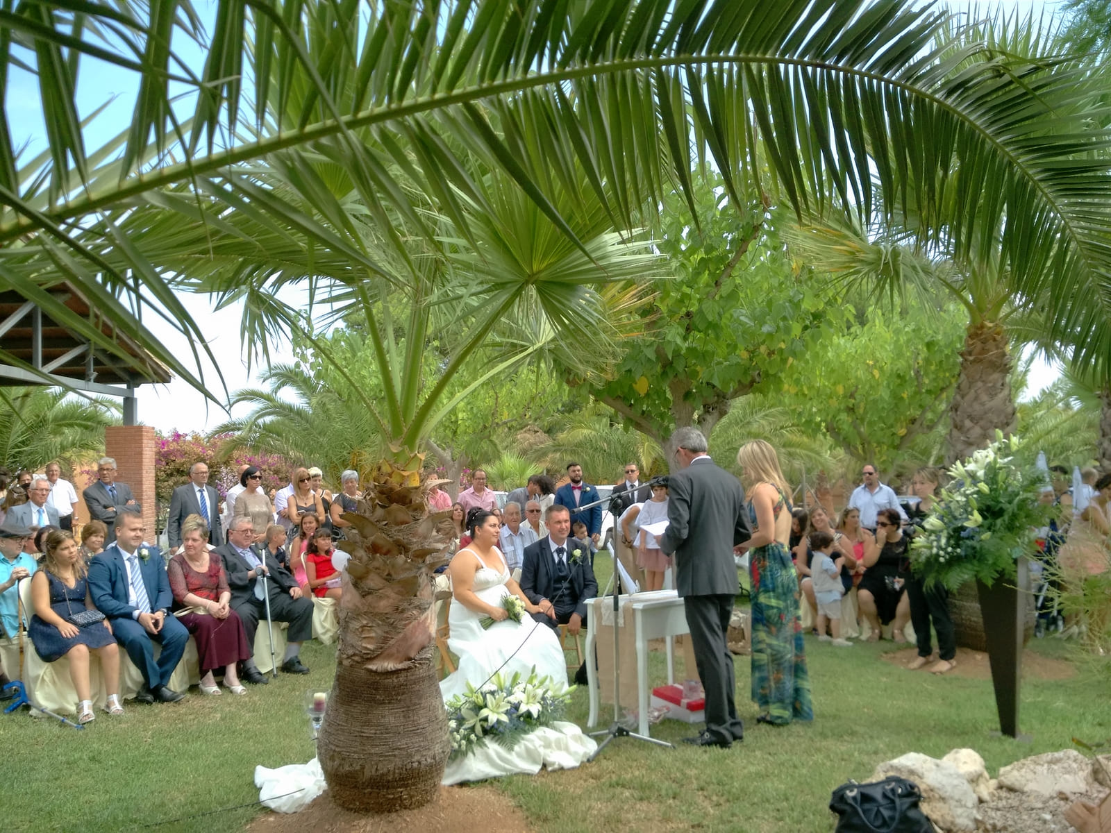 Cerimònia civil d’una boda al jardí de l’Alberg, amb els convidats sota les palmeres